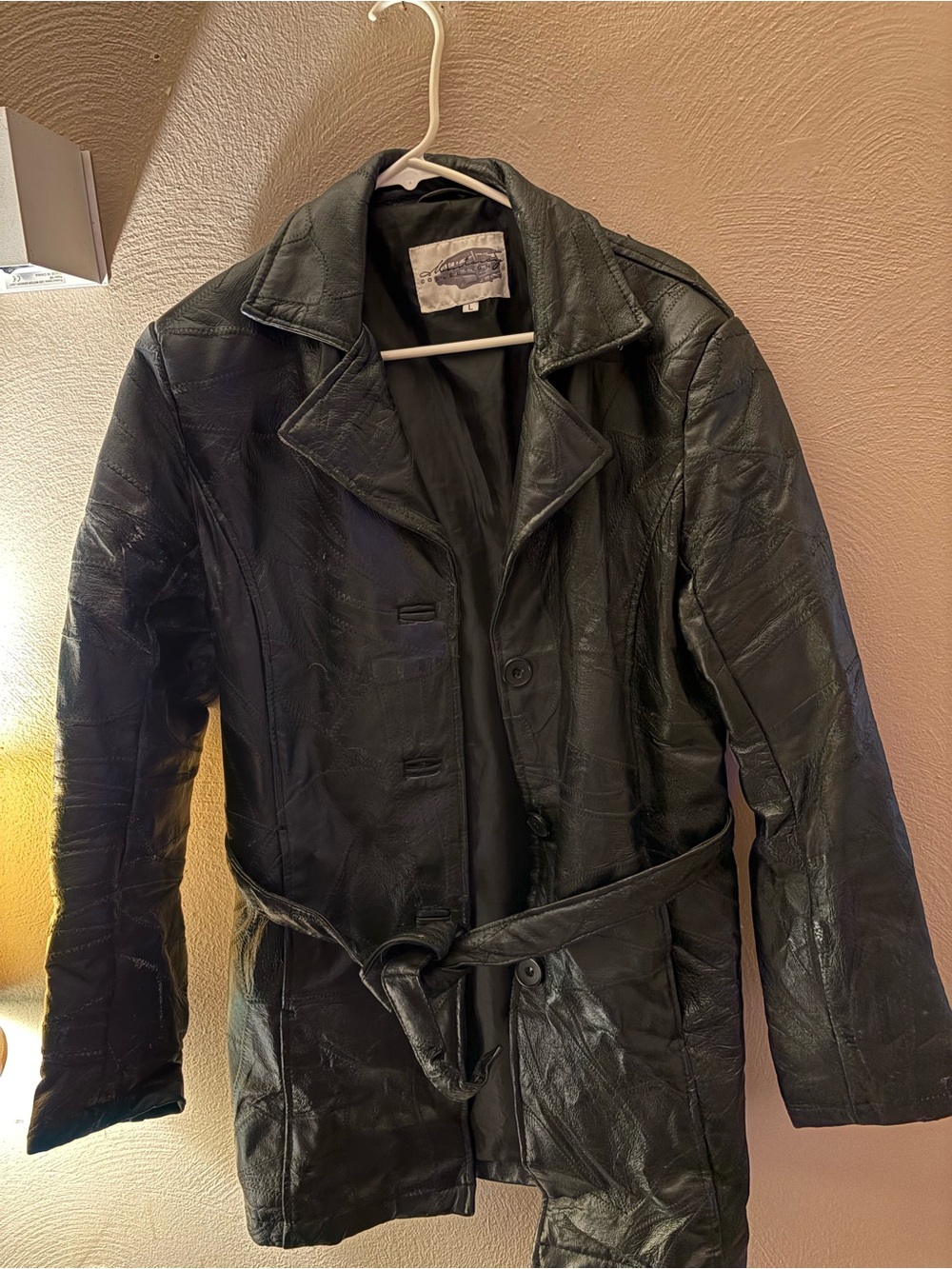 Men's Black Leather Trench Coat with Belt